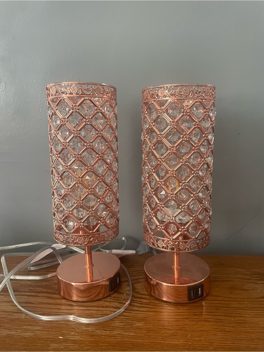 Rose Gold Crystal Table Lamps - Pair